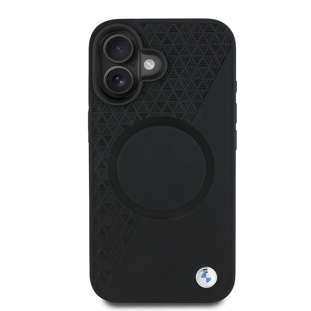 Apple iPhone 16 Case BMW Original Licensed M-safe Charging Feature Metal Logo Semi-Textured Circle Leather Cover Black