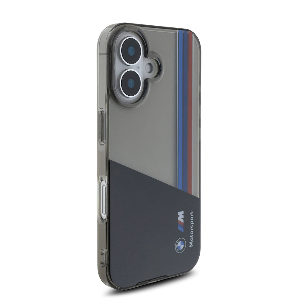 Apple iPhone 16 Kılıf BMW Orjinal Lisanslı Yarı Transparan M Dizayn Çizgili Kapak Siyah