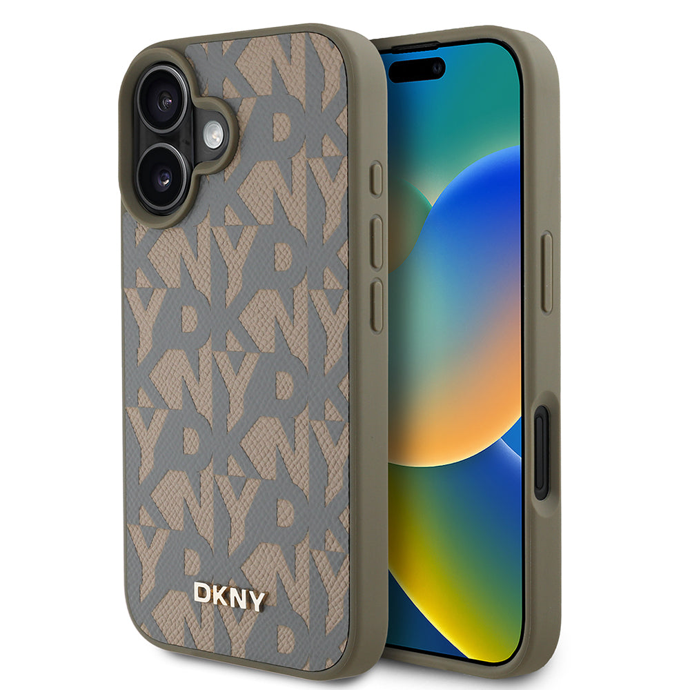 Apple iPhone 16 Case DKNY Original Licensed M-safe Charging Feature 3D Printed Grid Pattern Cover Brown
