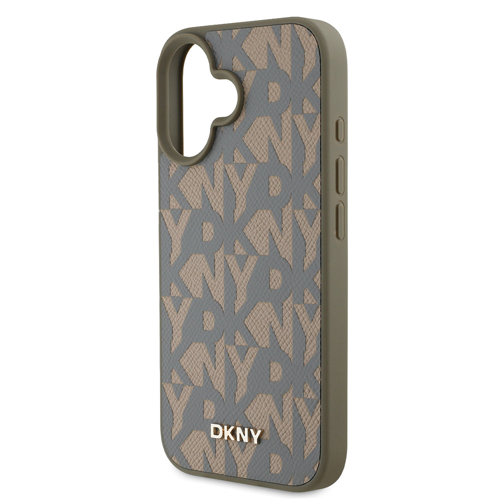 Apple iPhone 16 Case DKNY Original Licensed M-safe Charging Feature 3D Printed Grid Pattern Cover Brown