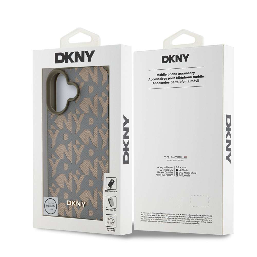 Apple iPhone 16 Kılıf DKNY Orjinal Lisanslı M-safe Şarj Özellikli 3D Yazılı Grid Pattern Kapak Gri