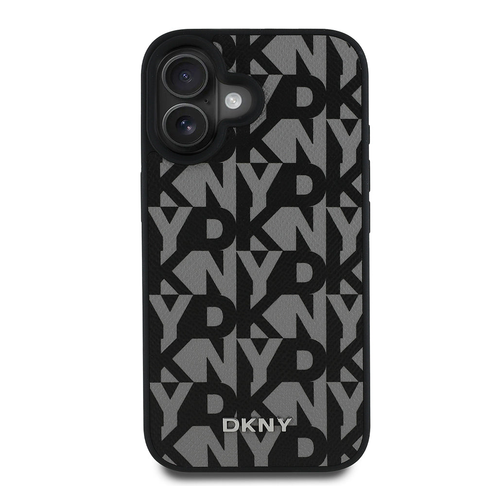 Apple iPhone 16 Kılıf DKNY Orjinal Lisanslı M-safe Şarj Özellikli 3D Yazılı Grid Pattern Kapak Gri