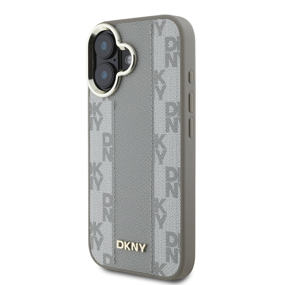 Apple iPhone 16 Kılıf DKNY Orjinal Lisanslı M-safe Şarj Özellikli 3D Yazılı Checkered Pattern Kapak Bej