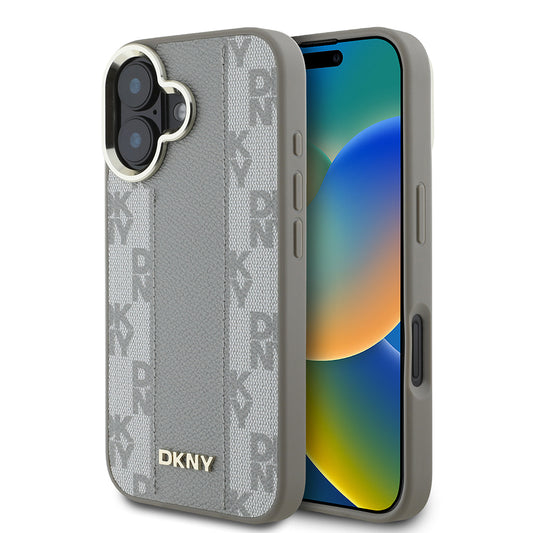 Apple iPhone 16 Kılıf DKNY Orjinal Lisanslı M-safe Şarj Özellikli 3D Yazılı Checkered Pattern Kapak Bej
