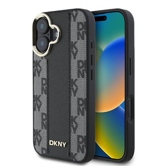 Apple iPhone 16 Kılıf DKNY Orjinal Lisanslı M-safe Şarj Özellikli 3D Yazılı Checkered Pattern Kapak Siyah