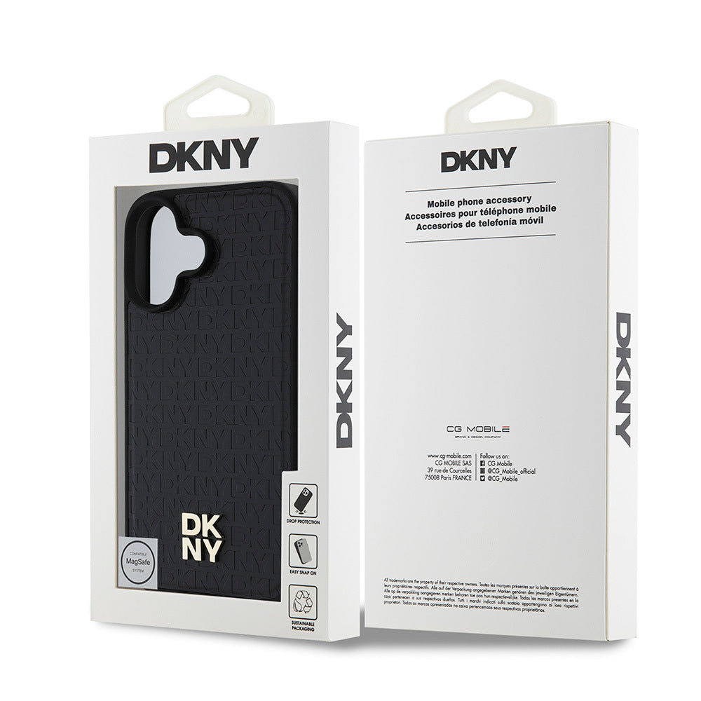 Apple iPhone 16 Kılıf DKNY Orjinal Lisanslı M-safe Şarj Özellikli 3D Yazılı Repeat Pattern Kapak Siyah
