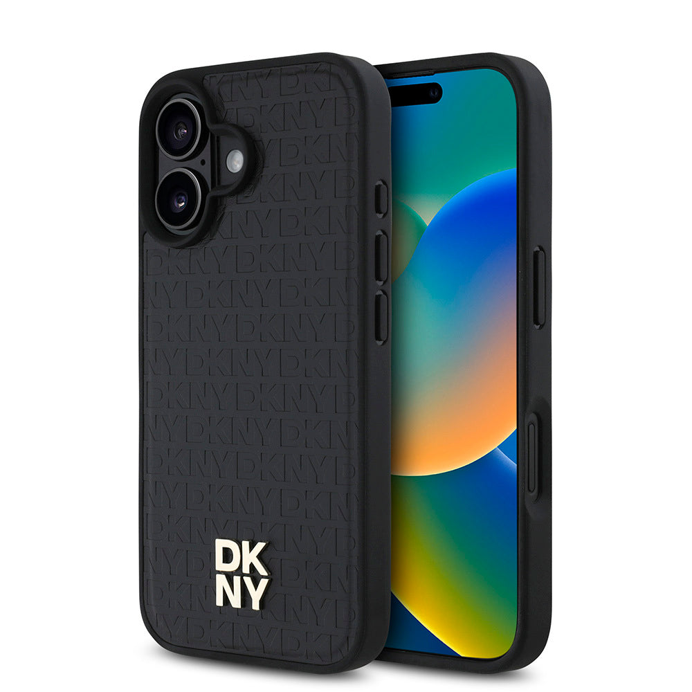 Apple iPhone 16 Kılıf DKNY Orjinal Lisanslı M-safe Şarj Özellikli 3D Yazılı Repeat Pattern Kapak Siyah