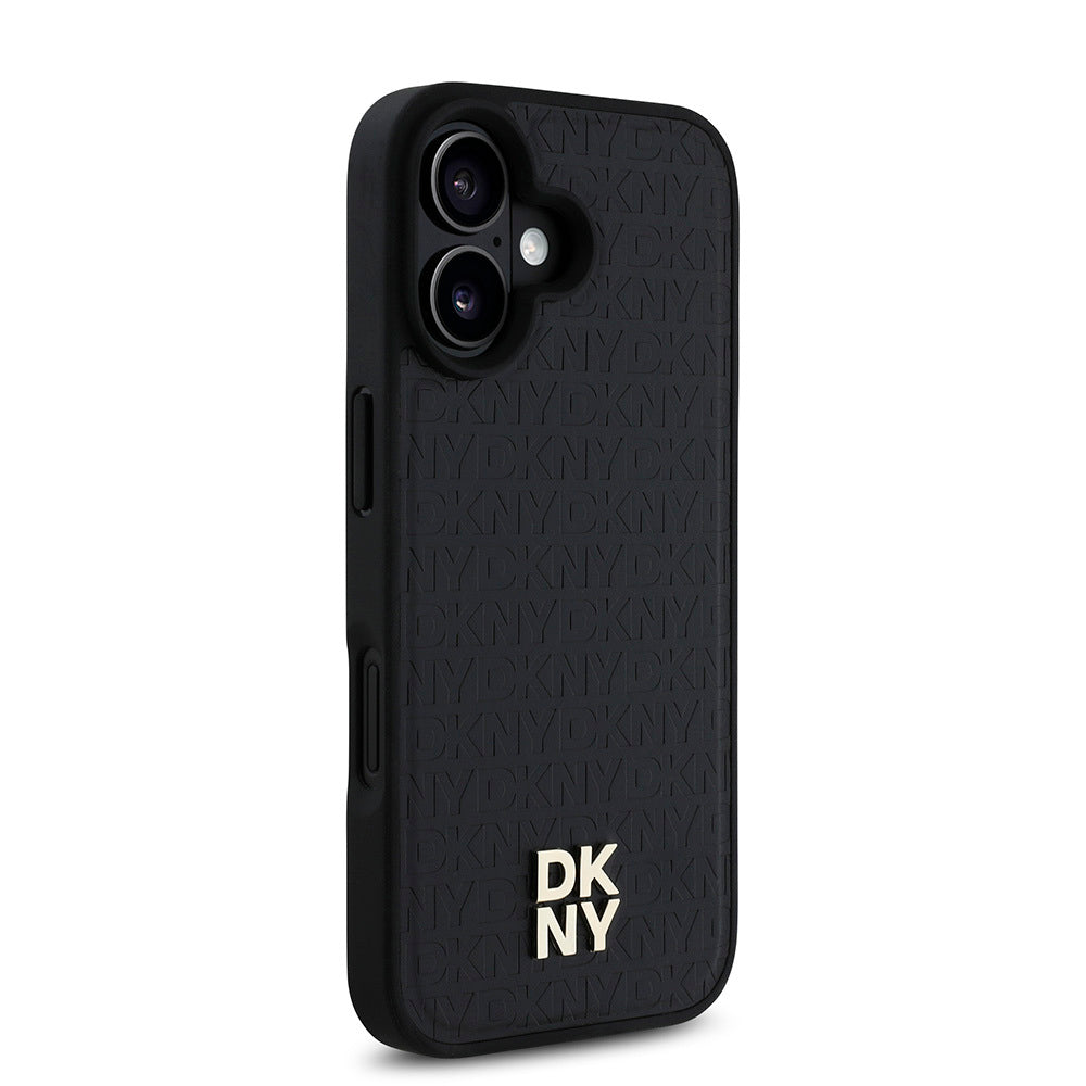 Apple iPhone 16 Kılıf DKNY Orjinal Lisanslı M-safe Şarj Özellikli 3D Yazılı Repeat Pattern Kapak Siyah