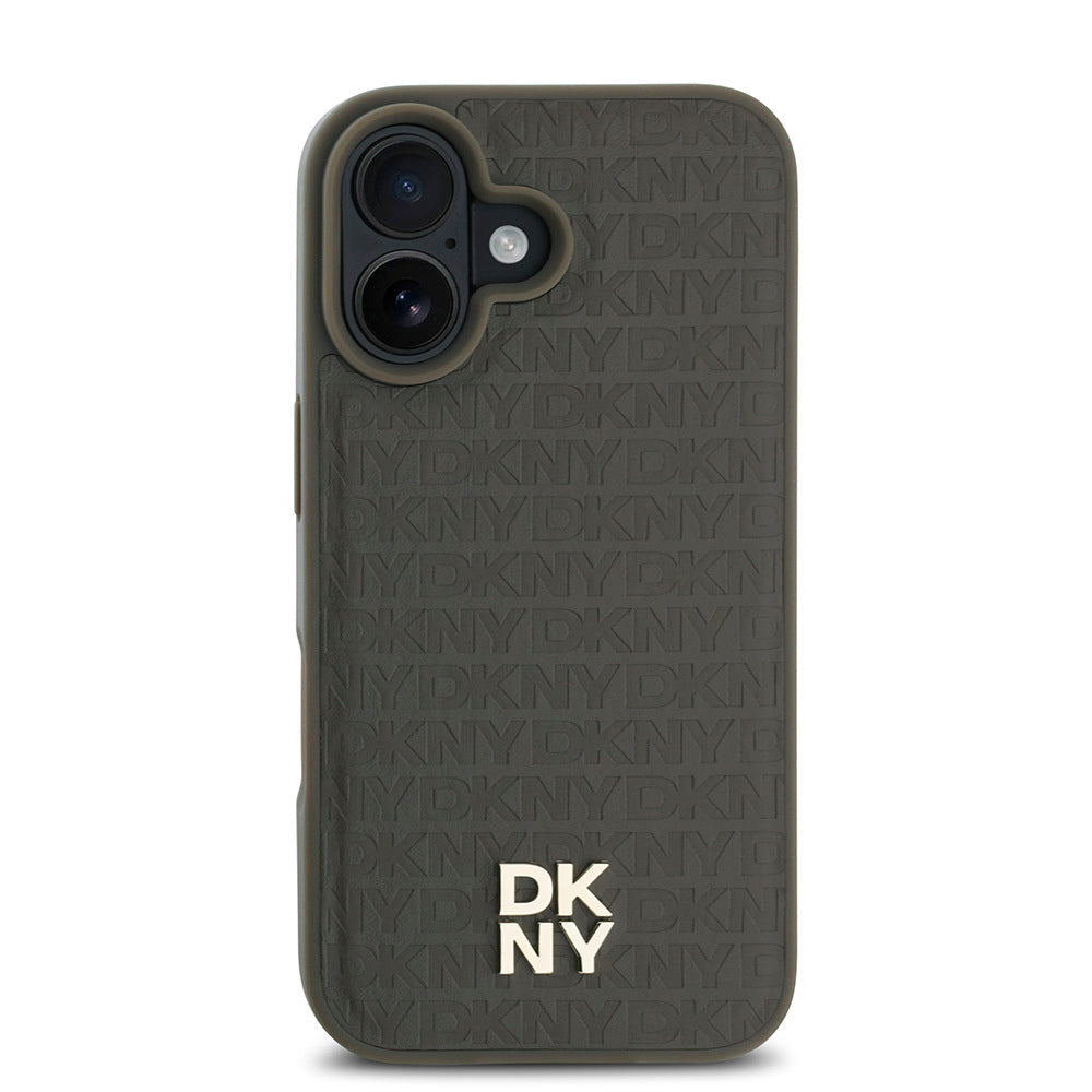 Apple iPhone 16 Kılıf DKNY Orjinal Lisanslı M-safe Şarj Özellikli 3D Yazılı Repeat Pattern Kapak Kahverengi