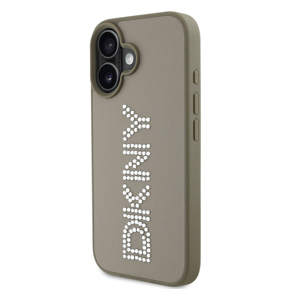 Apple iPhone 16 Case DKNY Original Licensed Stoned DKNY Written Metallic Rhinestones PU Leather Cover Black