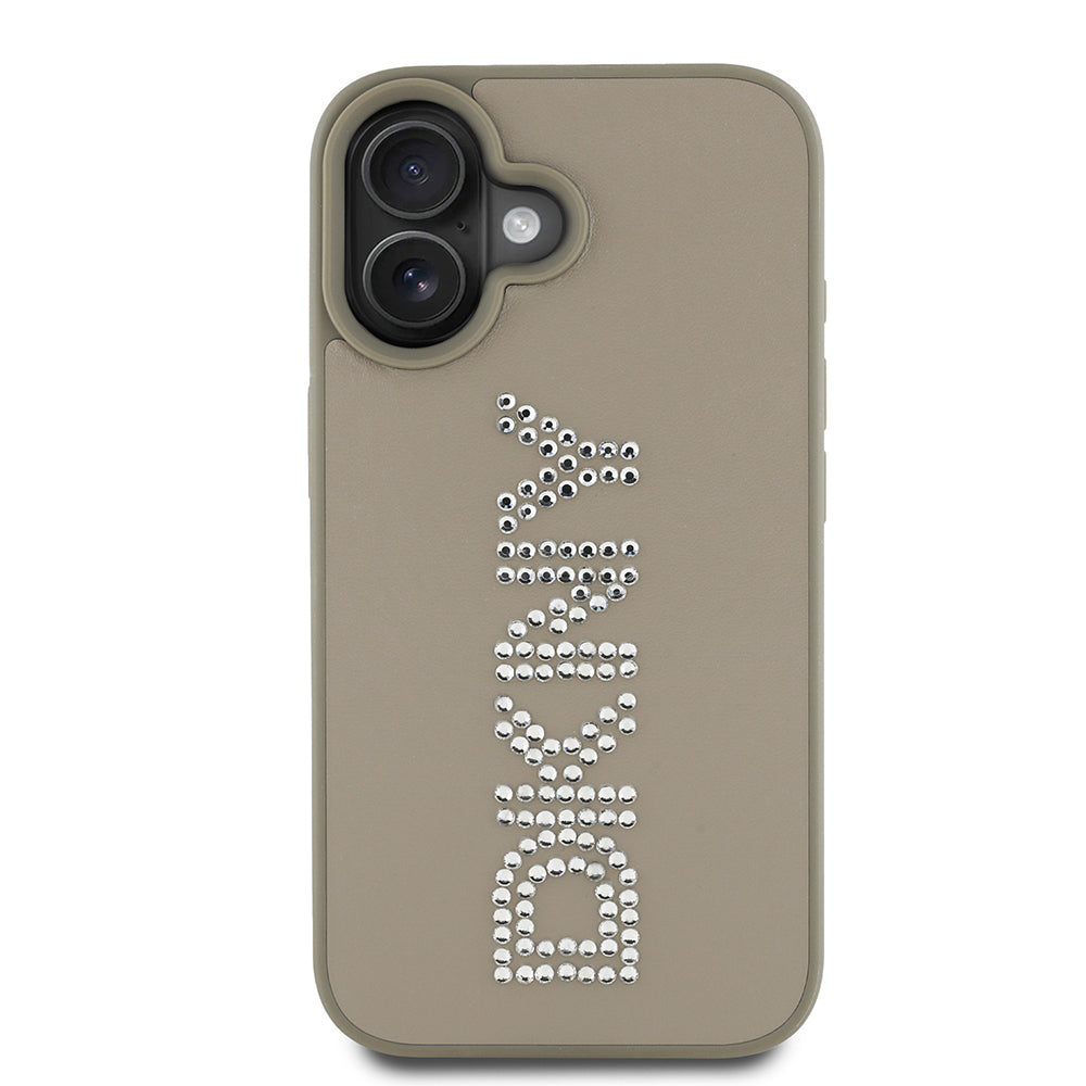 Apple iPhone 16 Case DKNY Original Licensed Stoned DKNY Written Metallic Rhinestones PU Leather Cover Black