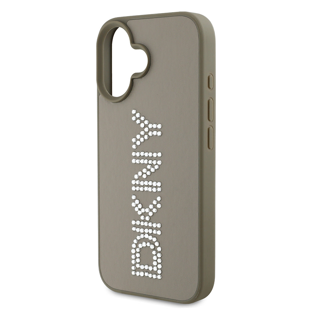 Apple iPhone 16 Case DKNY Original Licensed Stoned DKNY Written Metallic Rhinestones PU Leather Cover Black