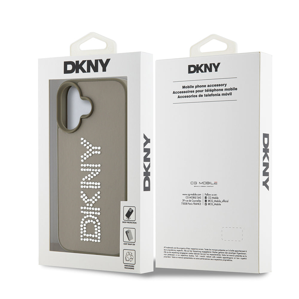 Apple iPhone 16 Case DKNY Original Licensed Stoned DKNY Written Metallic Rhinestones PU Leather Cover Black