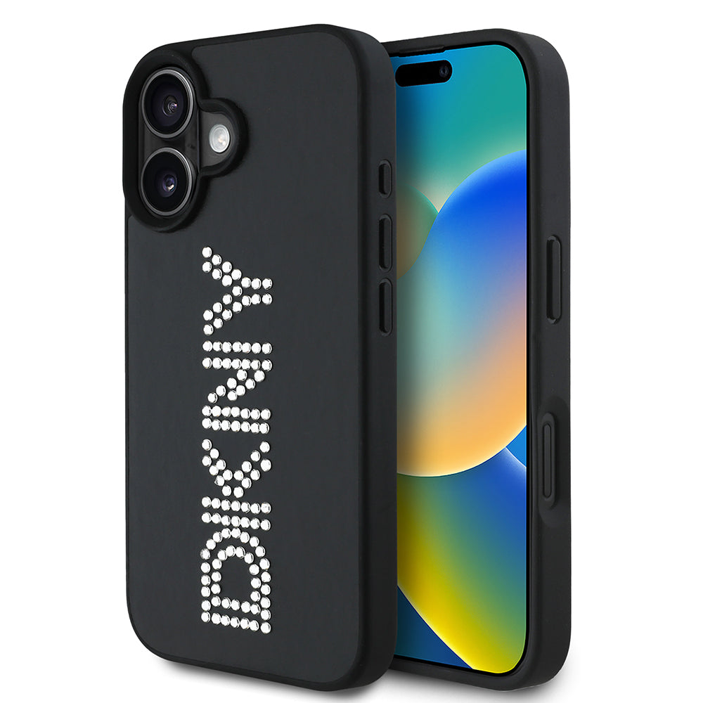 Apple iPhone 16 Case DKNY Original Licensed Stoned DKNY Written Metallic Rhinestones PU Leather Cover Black