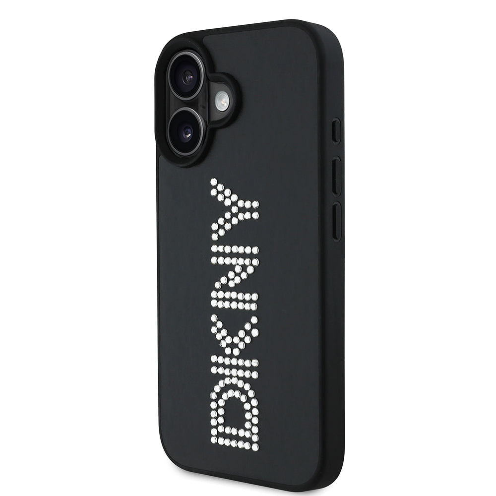 Apple iPhone 16 Case DKNY Original Licensed Stoned DKNY Written Metallic Rhinestones PU Leather Cover Black
