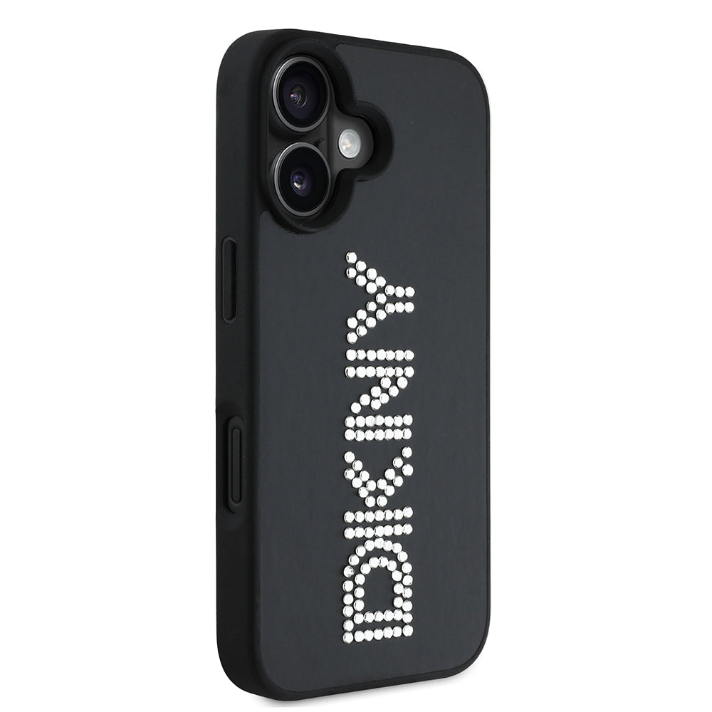 Apple iPhone 16 Case DKNY Original Licensed Stoned DKNY Written Metallic Rhinestones PU Leather Cover Black