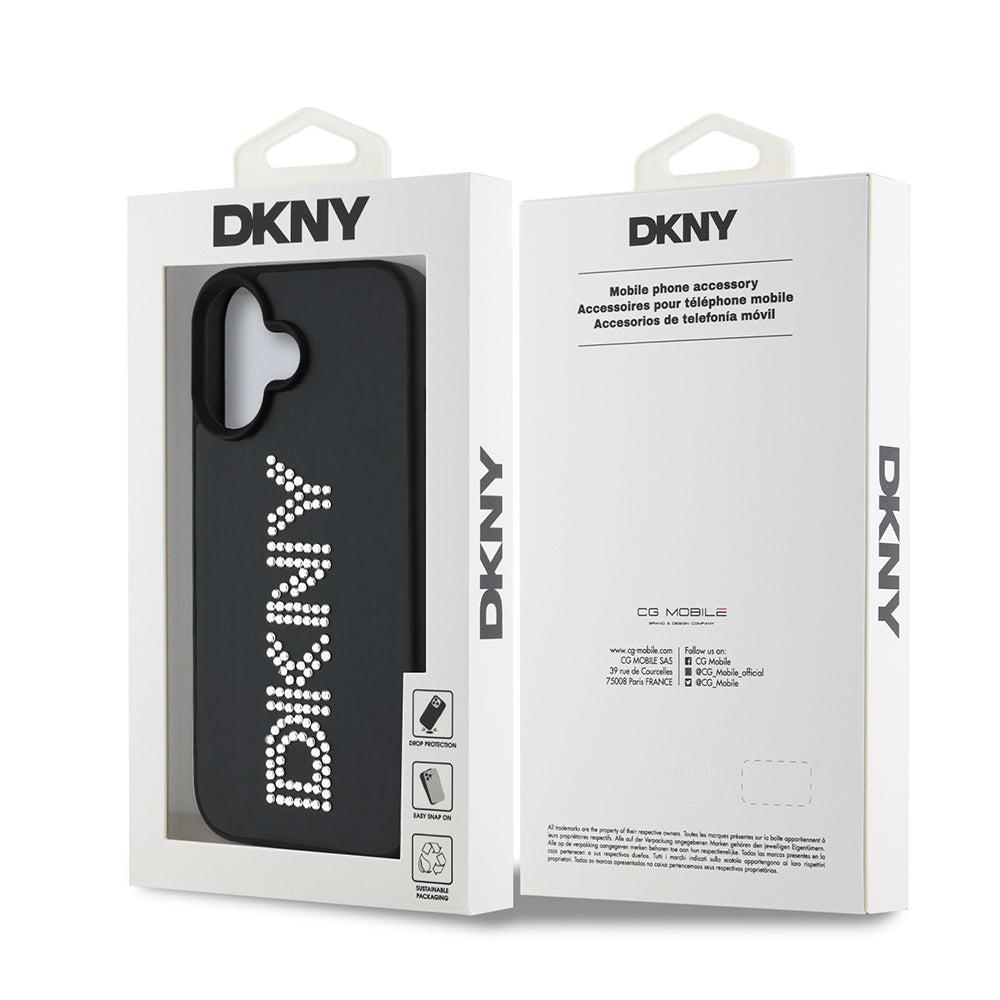 Apple iPhone 16 Case DKNY Original Licensed Stoned DKNY Written Metallic Rhinestones PU Leather Cover Black