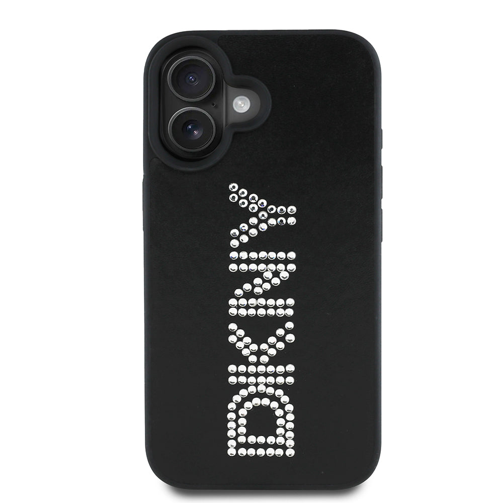 Apple iPhone 16 Case DKNY Original Licensed Stoned DKNY Written Metallic Rhinestones PU Leather Cover Black