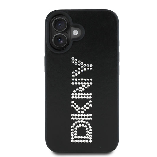 Apple iPhone 16 Kılıf DKNY Orjinal Lisanslı Taşlı DKNY Yazılı Metalik Rhinestones PU Deri Kapak Siyah