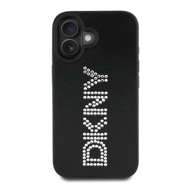 Apple iPhone 16 Kılıf DKNY Orjinal Lisanslı Taşlı DKNY Yazılı Metalik Rhinestones PU Deri Kapak
