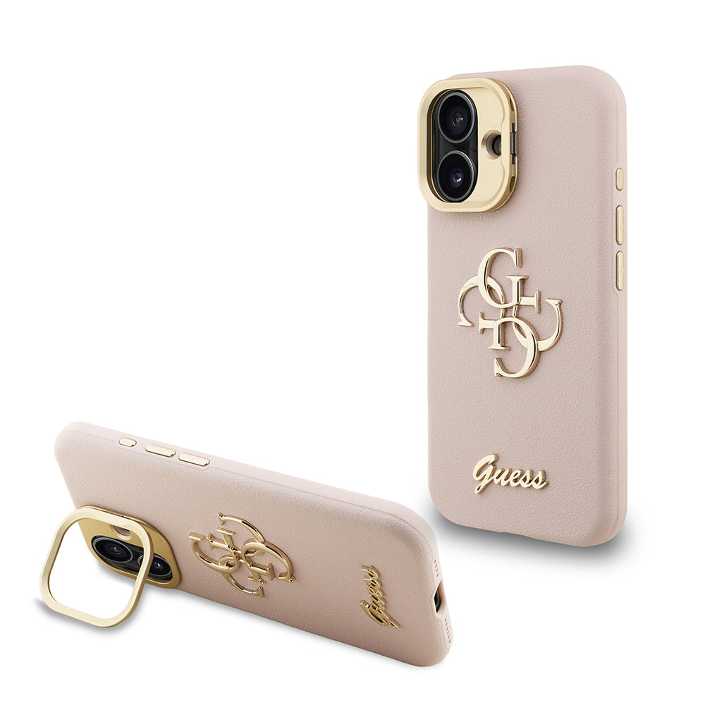 Apple iPhone 16 Case Guess Original Licensed Grained Text Logo Camera Stand Cover Beige