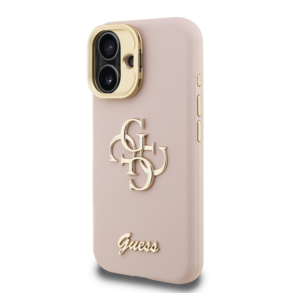 Apple iPhone 16 Case Guess Original Licensed Grained Text Logo Camera Stand Cover Beige