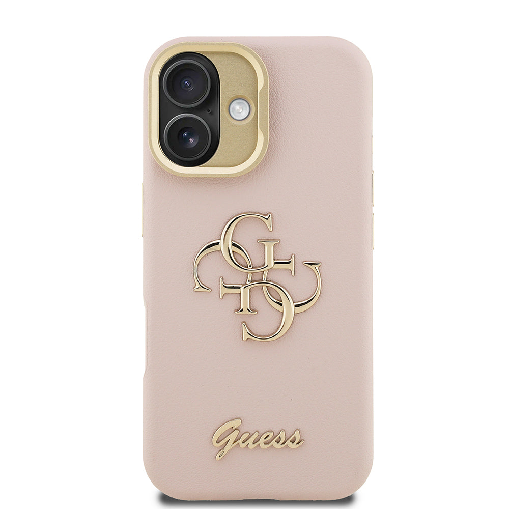 Apple iPhone 16 Case Guess Original Licensed Grained Text Logo Camera Stand Cover Pink