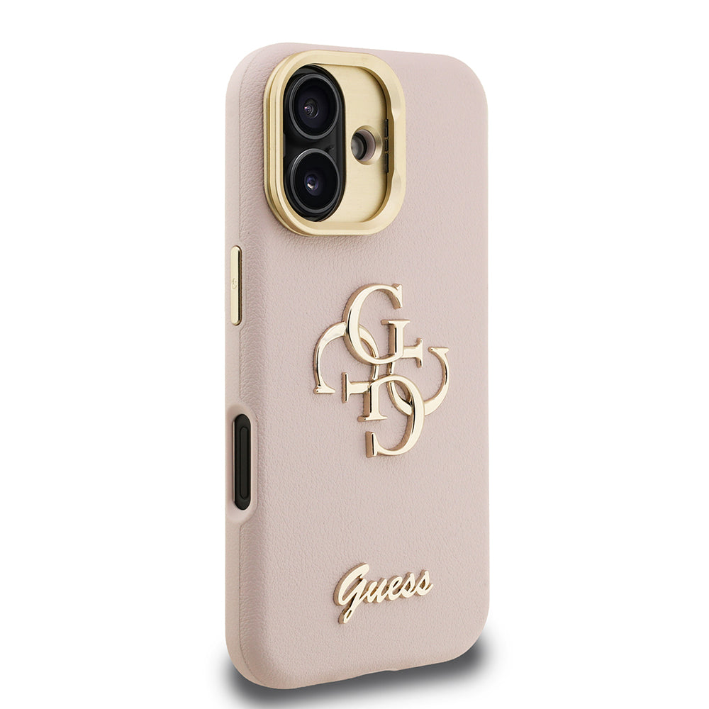 Apple iPhone 16 Case Guess Original Licensed Grained Text Logo Camera Stand Cover Beige