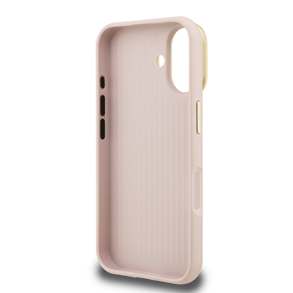 Apple iPhone 16 Case Guess Original Licensed Grained Text Logo Camera Stand Cover Pink