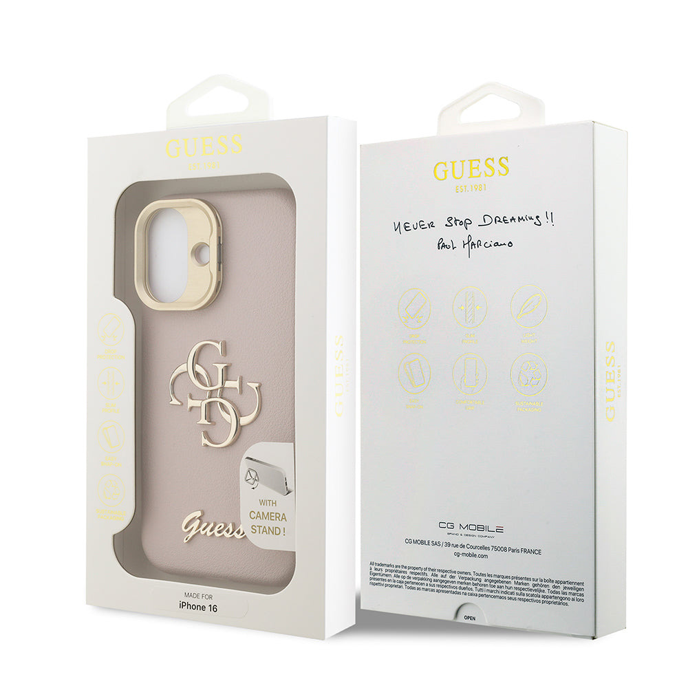 Apple iPhone 16 Case Guess Original Licensed Grained Text Logo Camera Stand Cover Pink