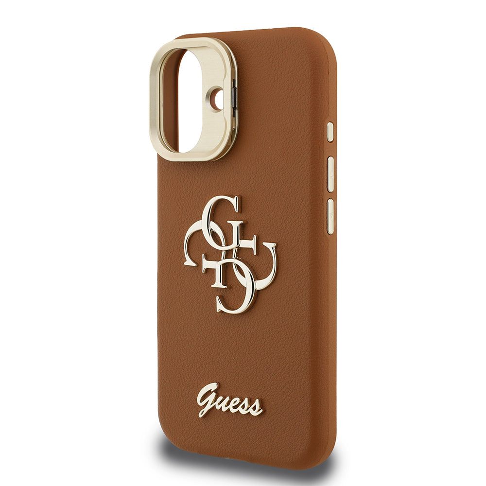Apple iPhone 16 Case Guess Original Licensed Grained Text Logo Camera Stand Cover Beige