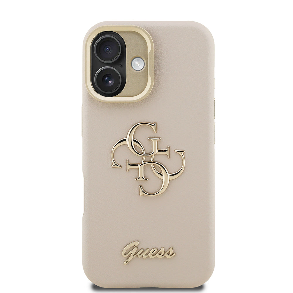 Apple iPhone 16 Case Guess Original Licensed Grained Text Logo Camera Stand Cover Pink