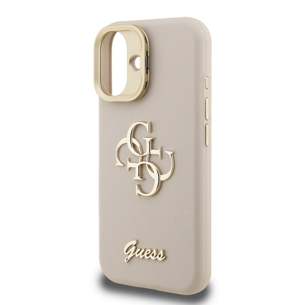 Apple iPhone 16 Case Guess Original Licensed Grained Text Logo Camera Stand Cover Pink