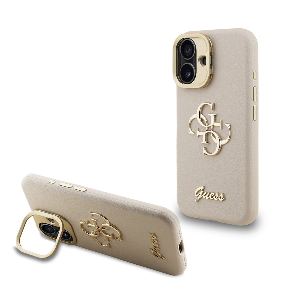 Apple iPhone 16 Case Guess Original Licensed Grained Text Logo Camera Stand Cover Beige