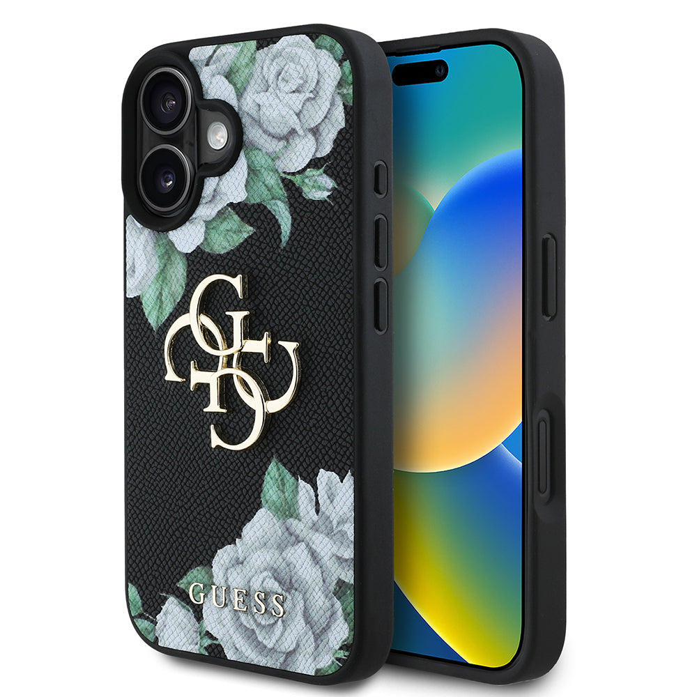 Apple iPhone 16 Case Guess Original Licensed Rose Printed Large Metal Logo Design Cover Pink