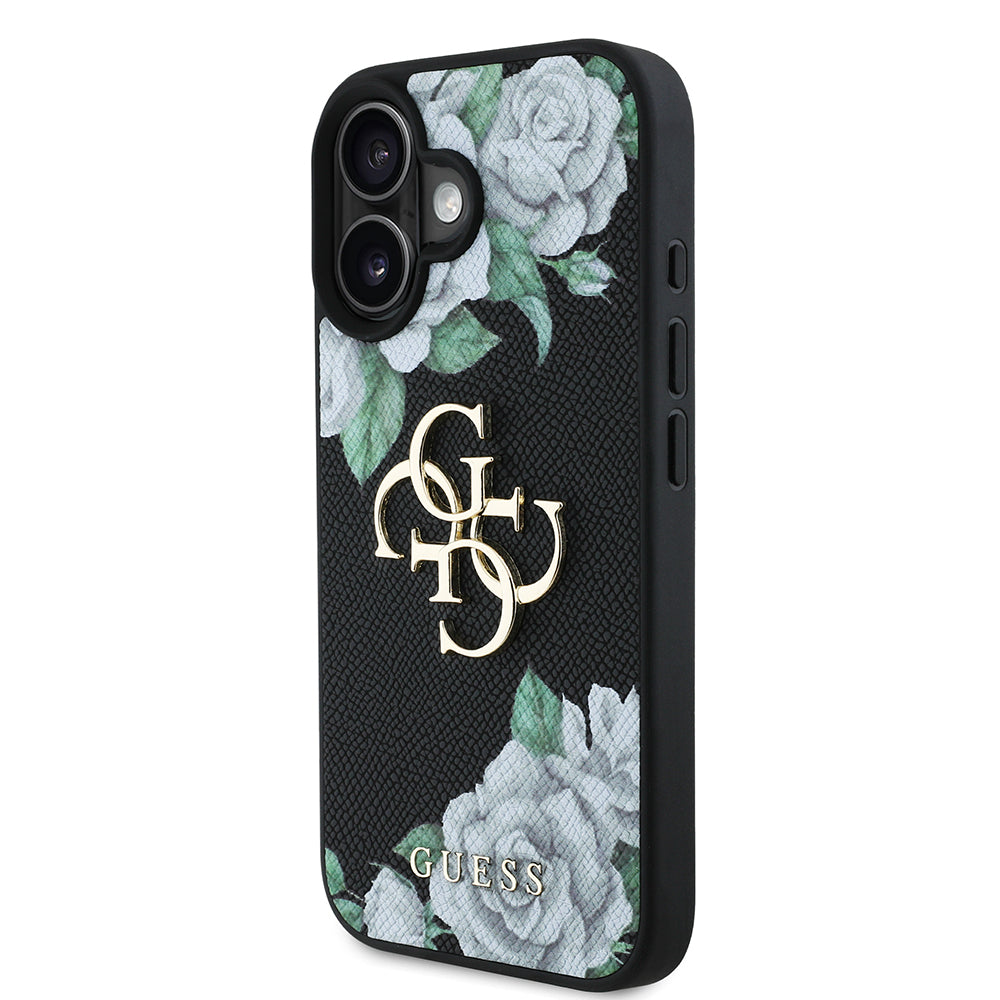 Apple iPhone 16 Case Guess Original Licensed Rose Printed Large Metal Logo Design Cover Purple