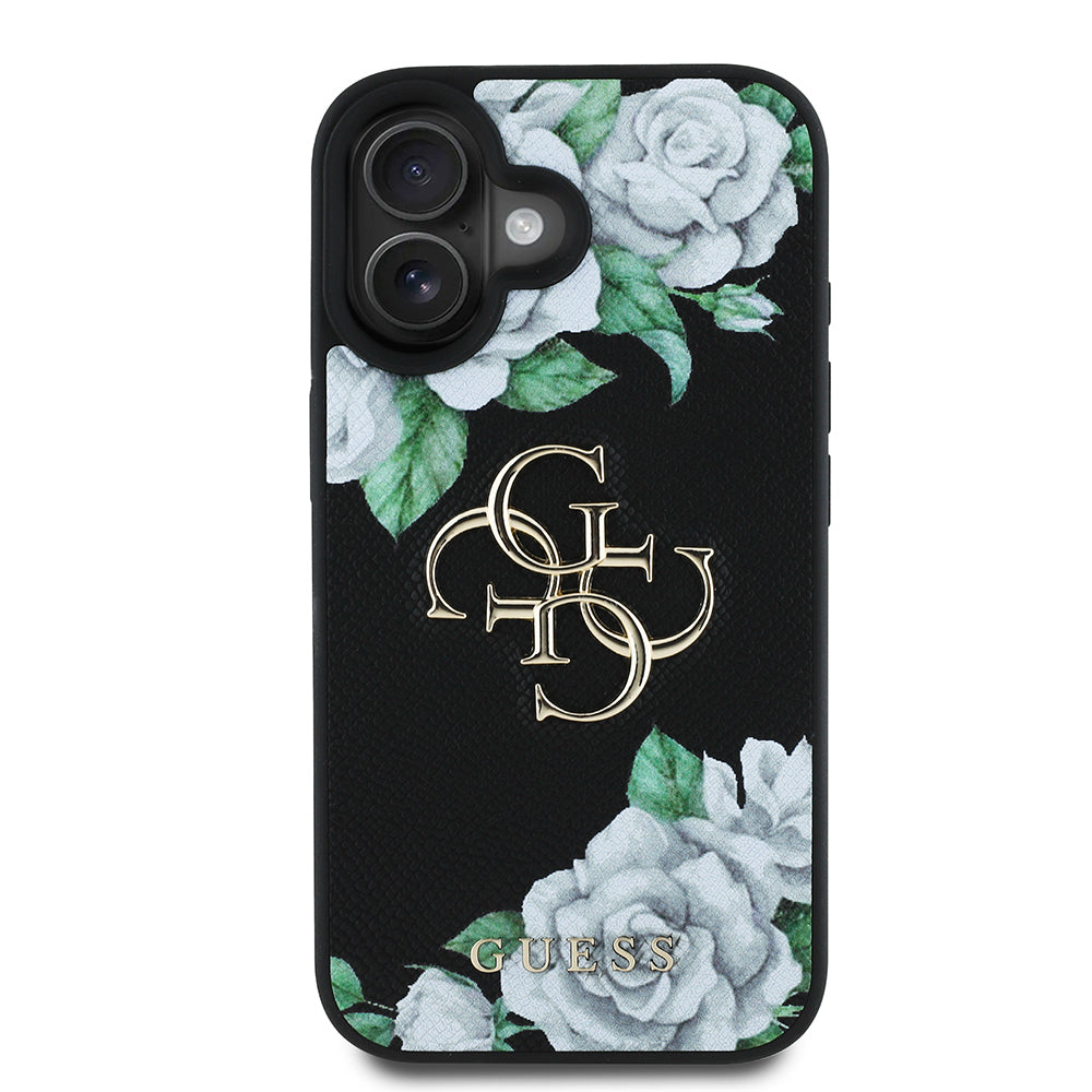 Apple iPhone 16 Case Guess Original Licensed Rose Printed Large Metal Logo Design Cover Pink