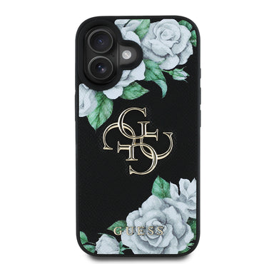 Apple iPhone 16 Kılıf Guess Orjinal Lisanslı Gül Baskılı Büyük Metal Logo Dizaynlı Kapak Mor