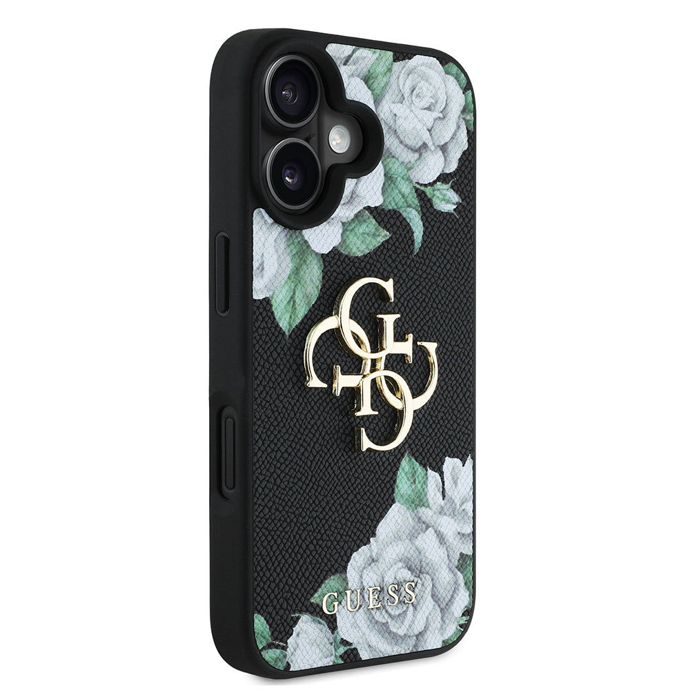 Apple iPhone 16 Case Guess Original Licensed Rose Printed Large Metal Logo Design Cover Purple