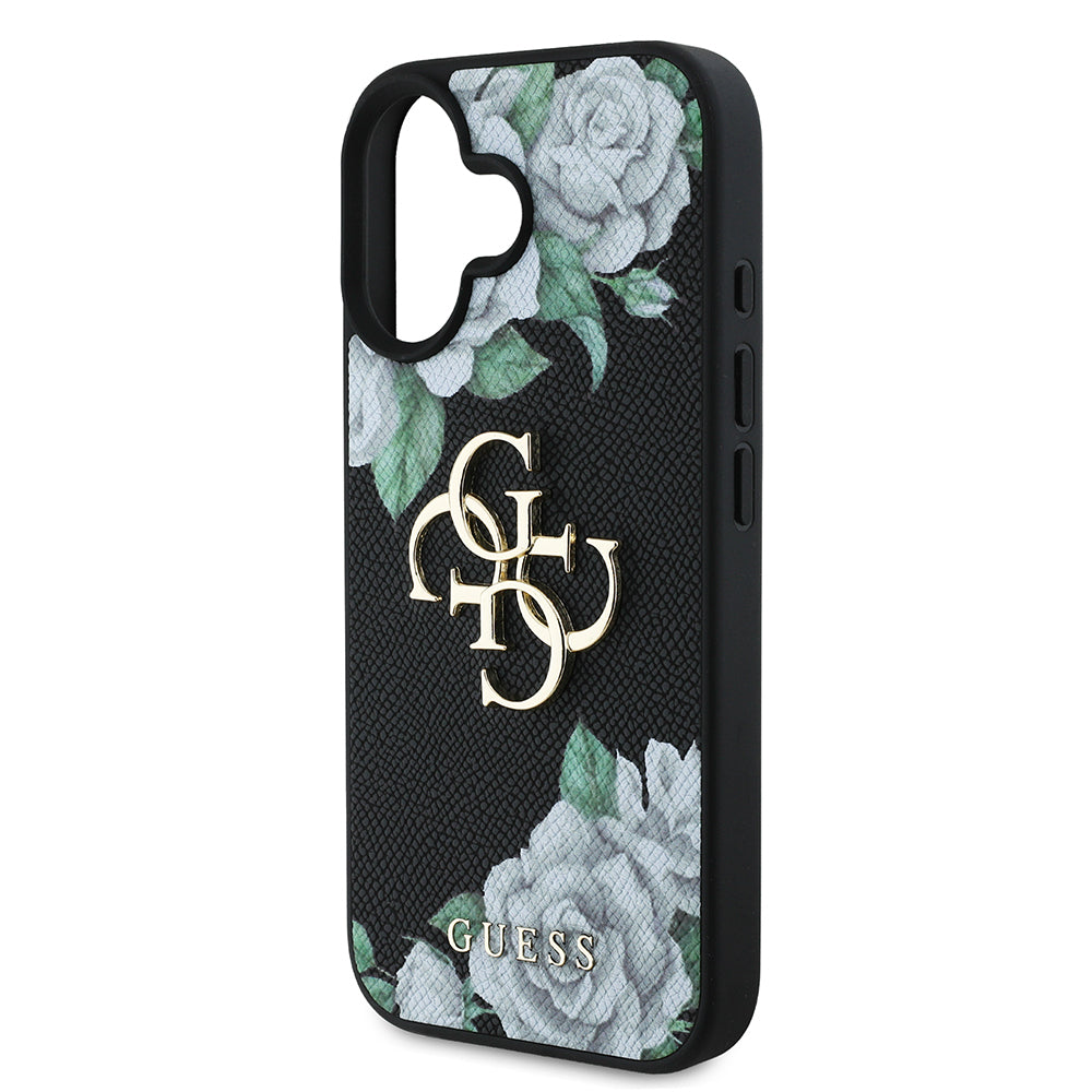 Apple iPhone 16 Case Guess Original Licensed Rose Printed Large Metal Logo Design Cover Pink