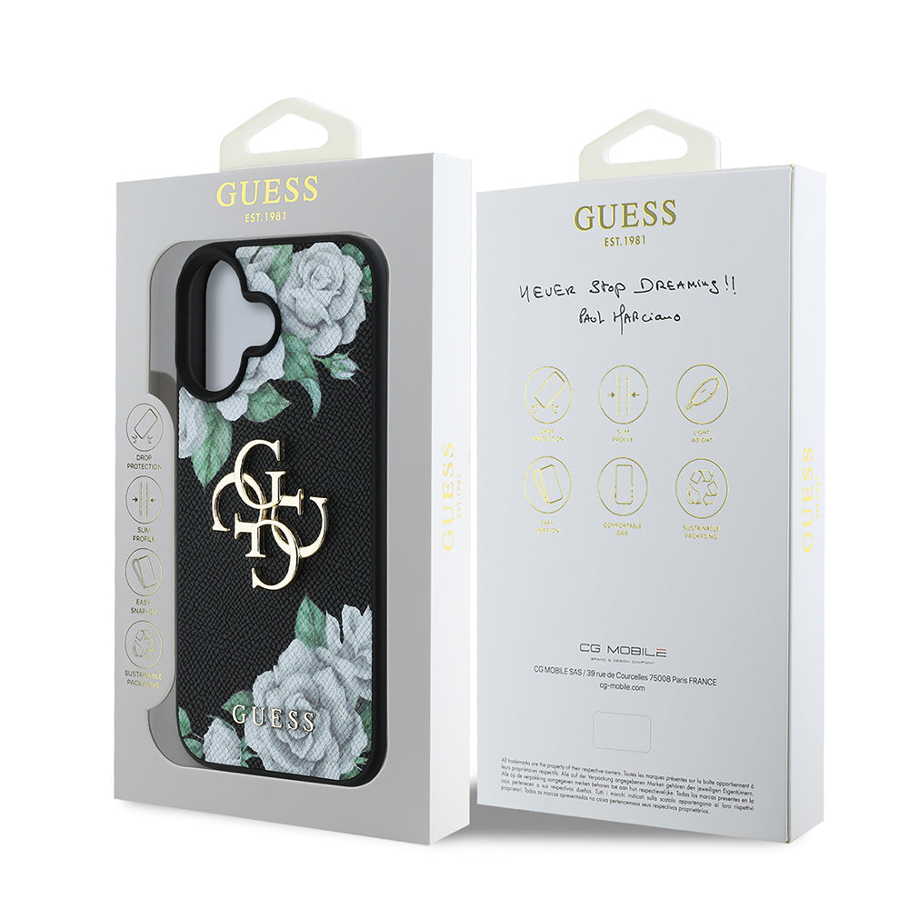 Apple iPhone 16 Case Guess Original Licensed Rose Printed Large Metal Logo Design Cover Purple