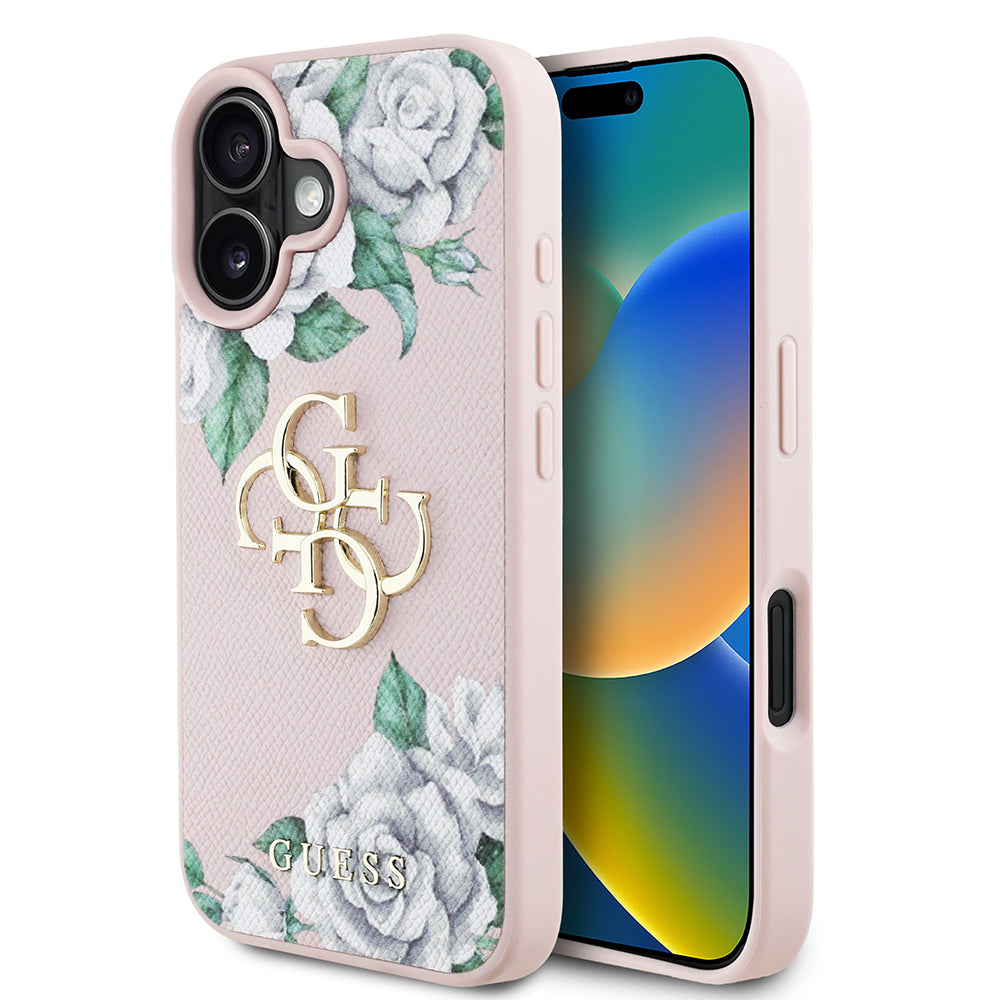 Apple iPhone 16 Case Guess Original Licensed Rose Printed Large Metal Logo Design Cover Black