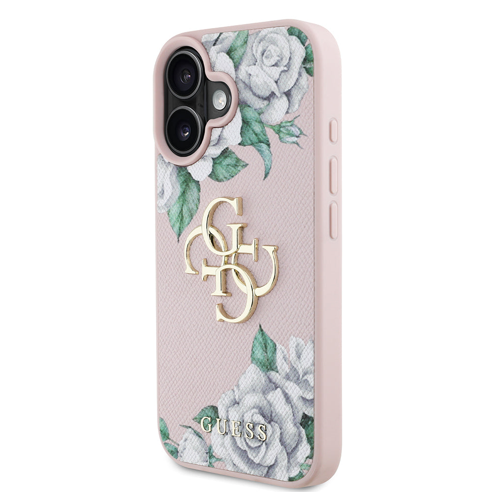Apple iPhone 16 Case Guess Original Licensed Rose Printed Large Metal Logo Design Cover Black