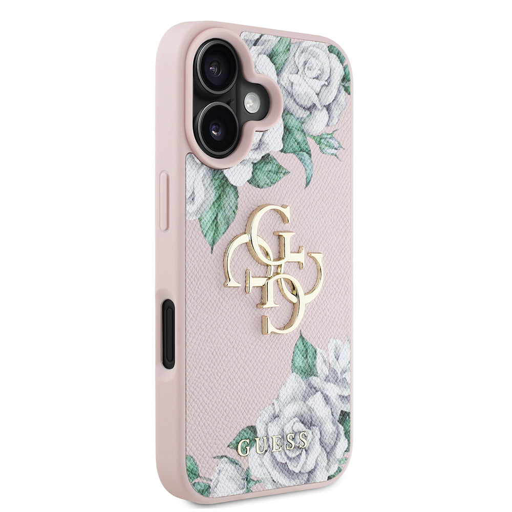Apple iPhone 16 Case Guess Original Licensed Rose Printed Large Metal Logo Design Cover Pink
