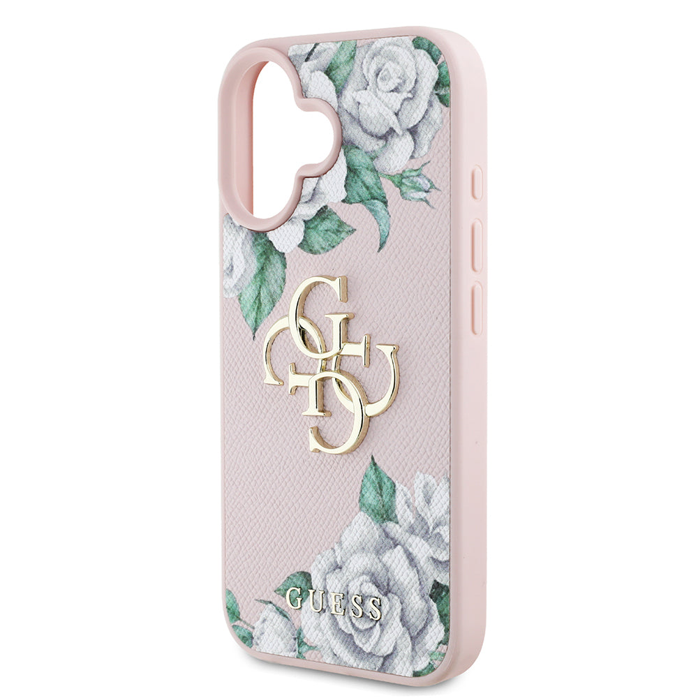 Apple iPhone 16 Case Guess Original Licensed Rose Printed Large Metal Logo Design Cover Pink