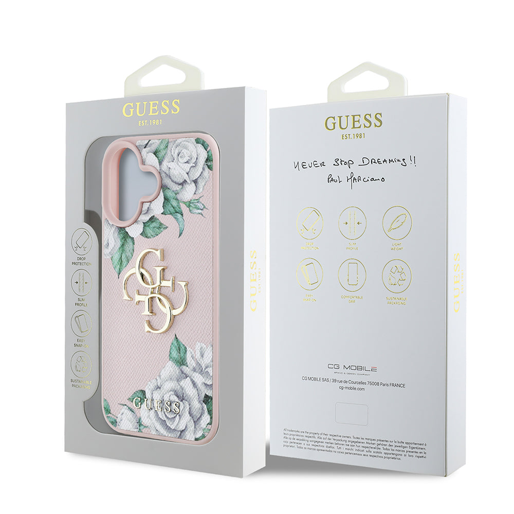 Apple iPhone 16 Case Guess Original Licensed Rose Printed Large Metal Logo Design Cover Pink