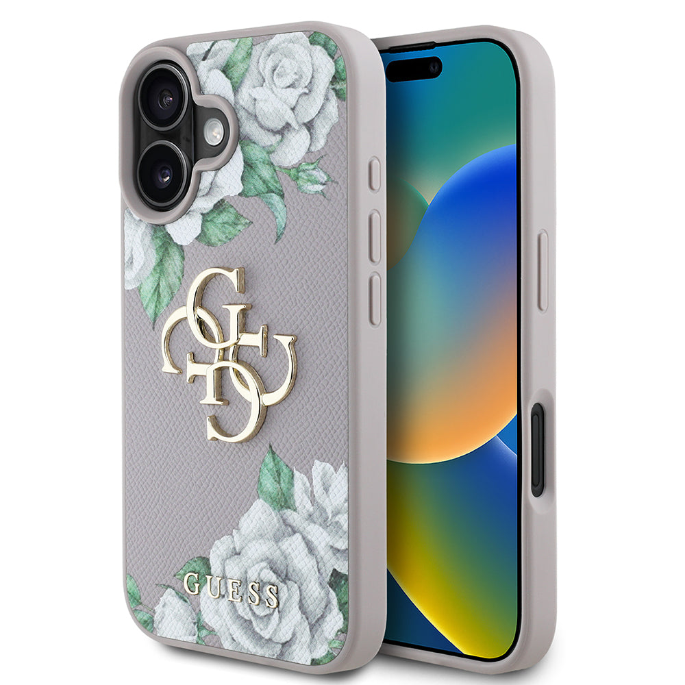 Apple iPhone 16 Case Guess Original Licensed Rose Printed Large Metal Logo Design Cover Purple