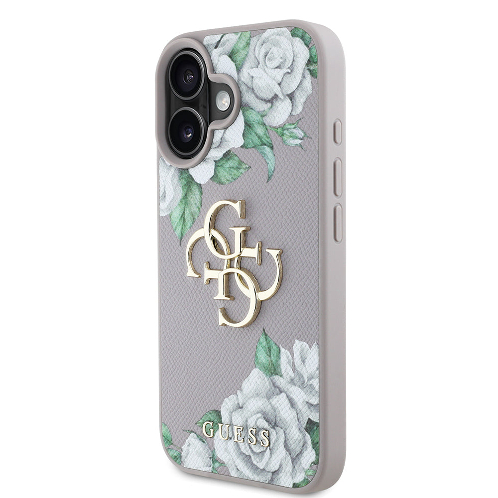 Apple iPhone 16 Case Guess Original Licensed Rose Printed Large Metal Logo Design Cover Pink
