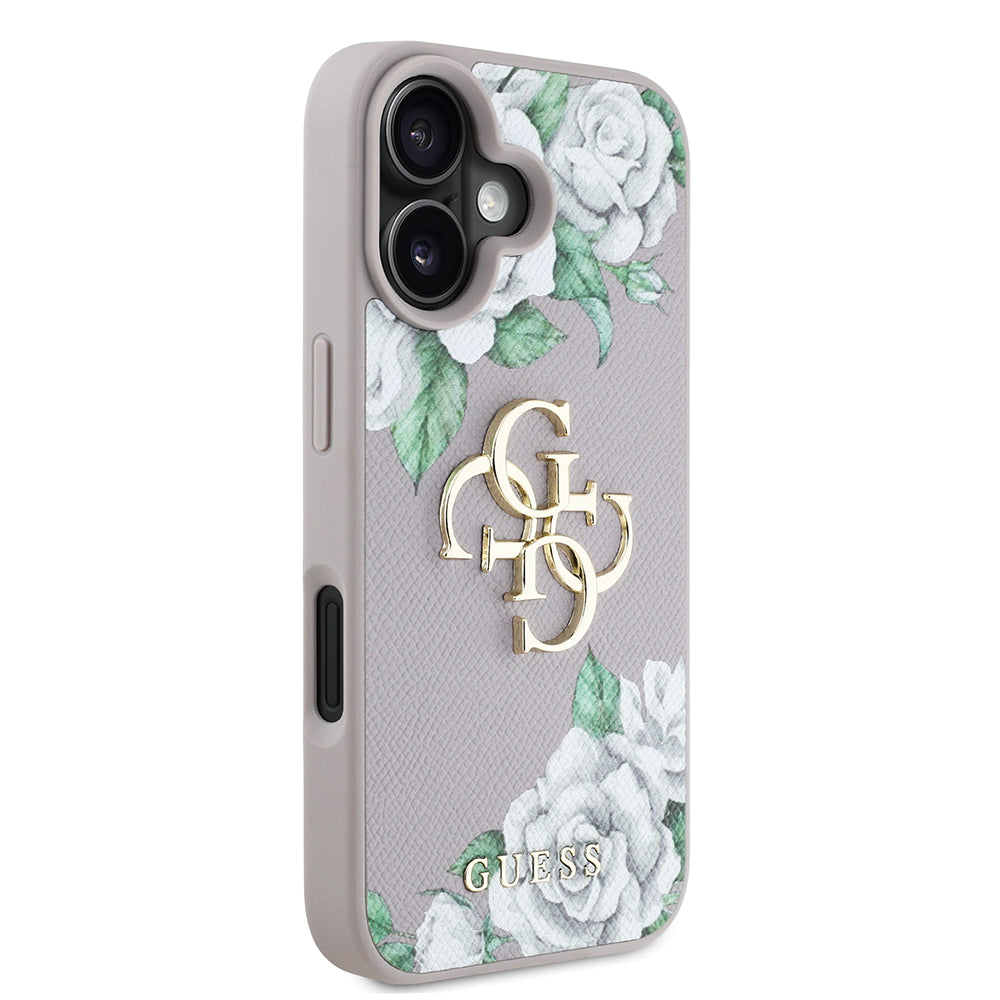 Apple iPhone 16 Case Guess Original Licensed Rose Printed Large Metal Logo Design Cover Pink