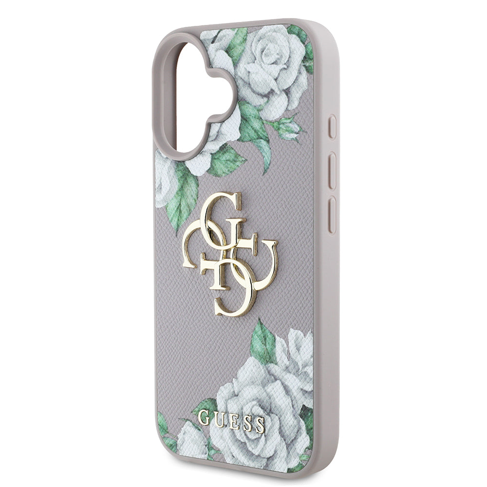 Apple iPhone 16 Case Guess Original Licensed Rose Printed Large Metal Logo Design Cover Purple